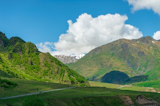 Georgian Military Road in Georgia and view of the picturesque mountains