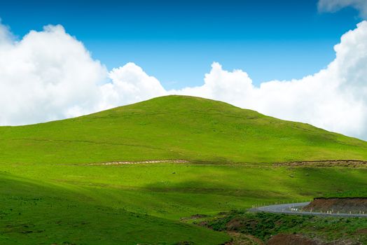 Picturesque green hill on a background of blue sky on a clear summer day, Caucasus in June
