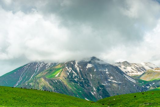 The top of the Caucasus Mountains with snow in the clouds, beautiful landscape in cloudy weather