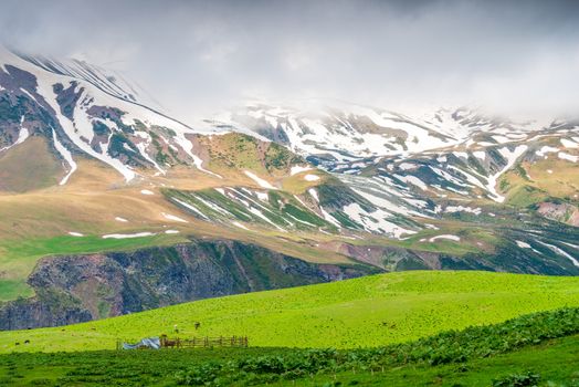 High mountains, green meadows beautiful landscape of Georgia