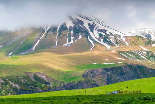 Snow on the top of a high mountain in June, view of Georgia and the Caucasus Mountains