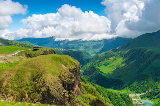 Scenic canyon, Arch of Friendship of Peoples Observation point in Georgia on the Georgian Military Highway