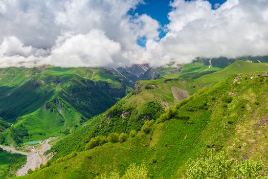 Top view of the beautiful scenic green mountains of Georgia, Caucasus