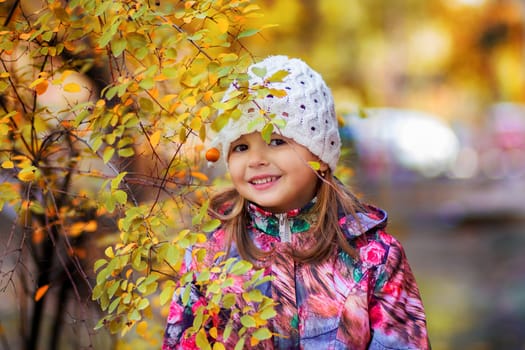 The girl in a jacket and in a cap costs near an autumn yellow bush