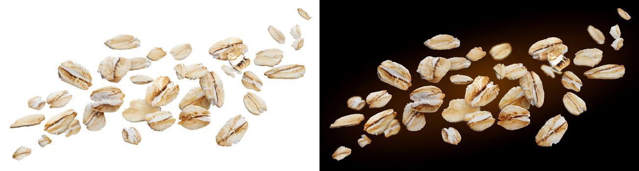 Oat flakes isolated on white and black backgrounds. Falling oats