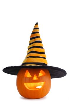 Jack O Lantern Halloween pumpkin with witches hat isolated on white background