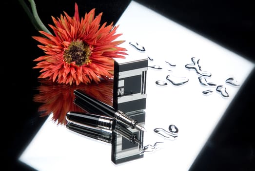 Lighter, pen and flower on a glass studio background
