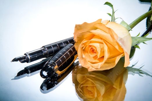 Pen and flowers on a glass studio background