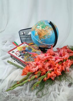 School books and accessories on a studio background