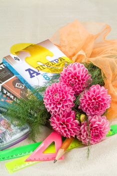 School books and accessories on a studio background