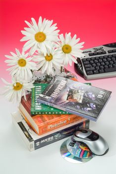 School books and accessories on a studio background