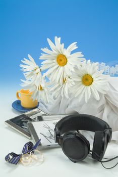 School books and accessories on a studio background