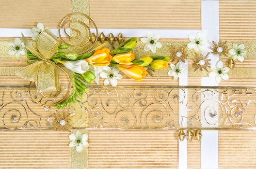 Still life with bouquet of flowers and accessories on a studio background