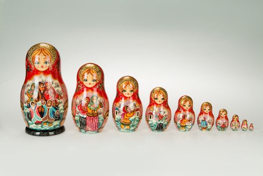 Russian traditioanl handmade dolls on a studio background