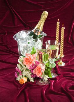 Still life with bouquet of flowers and accessories on a studio background