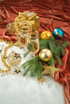 Still life with New Year accessories on a studio background