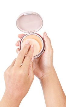 Hand woman using face powder makeup isolated on white background, Save clipping path.