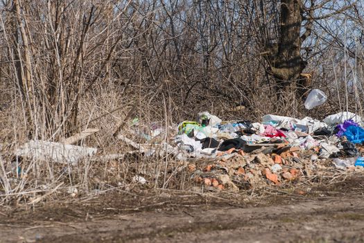 Trash on the agriculture field. Ecology problem and big harm to nature. 