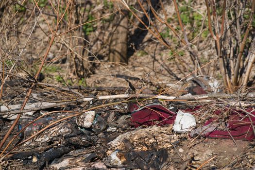 Trash on the agriculture field. Ecology problem and big harm to nature. 