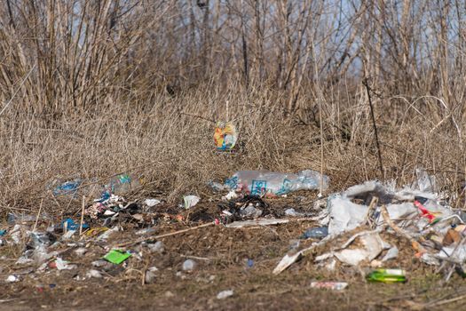 Trash on the agriculture field. Ecology problem and big harm to nature. 