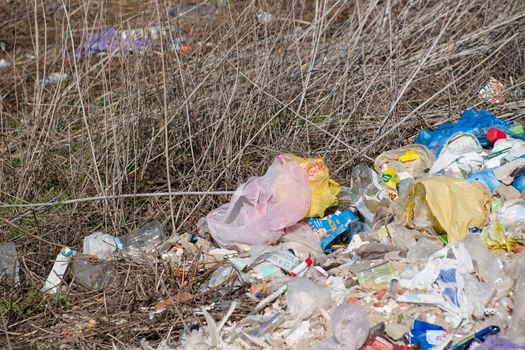 Trash on the agriculture field. Ecology problem and big harm to nature. 