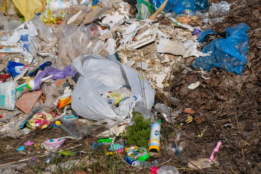 Trash on the agriculture field. Ecology problem and big harm to nature. 