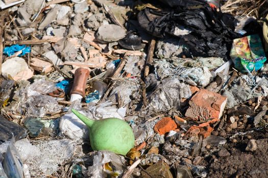 Trash on the agriculture field. Ecology problem and big harm to nature. 