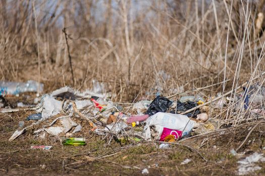 Trash on the agriculture field. Ecology problem and big harm to nature. 