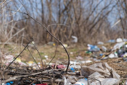 Trash on the agriculture field. Ecology problem and big harm to nature. 