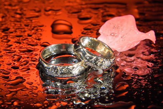 Wedding rings and rose petals on a studio background