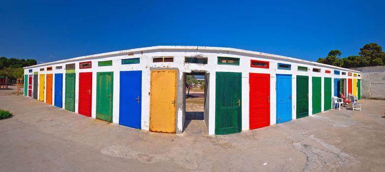 Jadrija beach colorful cabins panoramic view, tourist destination in Sibenik archipelago of Croatia