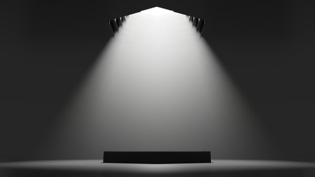 3D illustration. Showcase platform mockup, white ceiling light in empty dark room, cylinder podium. Dark abstract background