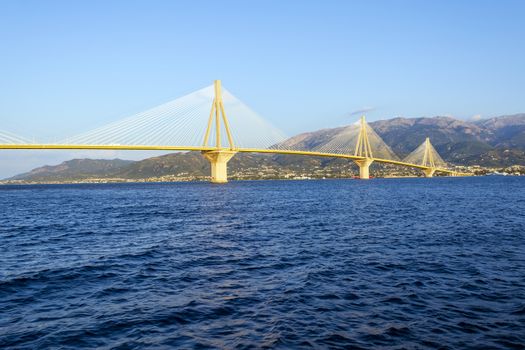 Cable-stayed suspension bridge crossing Corinth Gulf strait, Greece. It is one of the world's longest multi-span cable-stayed bridges and the longest of the fully suspended type
