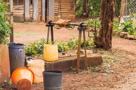 Water point with a well in the meadows of Makwa village near the city of Thika in central Kenya