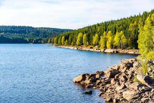 Mountain water reservoir Josefuv Dul, aka Josefodolska Dam, Jizera Mountains, Czech Republic. Sunny summer day.