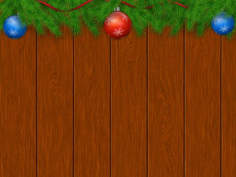 Christmas background with pine tree branches, ball ornaments decoration, on brown wood planks. An empty space for text.