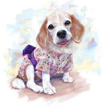 Adorable beagle wear cute costumes, japan style, on sitting pose with colorful background, digital painting.