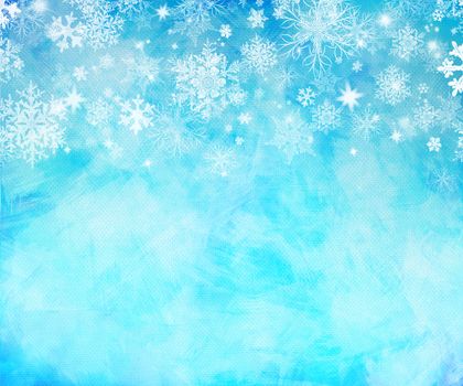 Wintry watercolor abstract blue background with winter decoration. White snowflakes and sparkle frame.