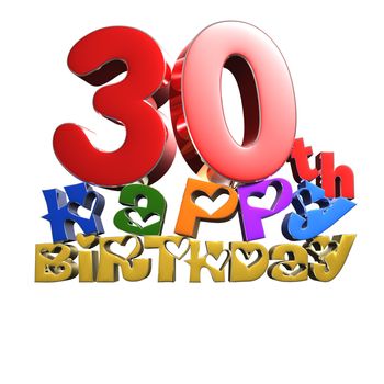 30 th Happy Birthday 3d rendering on white background.(with Clipping Path).