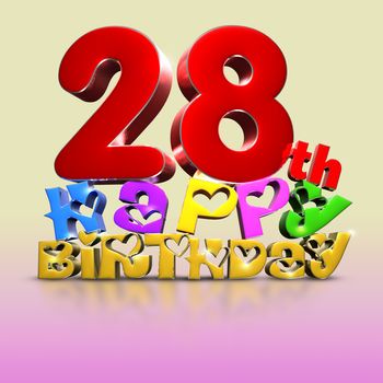 28 th happy birthday 3d on a creamy pink tone background.(with Clipping Path).