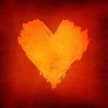Yellow orange vivid watercolor painted heart with brushstroke shape over grunge red background
