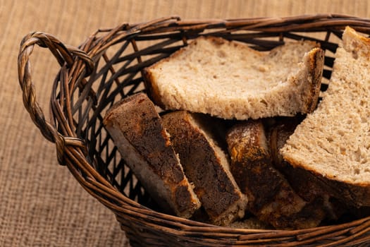 Close up of hearty artisan sourdough bread slices in a bread basket.