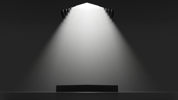 3D illustration. Showcase platform mockup, white ceiling light in empty dark room, cylinder podium. Dark abstract background