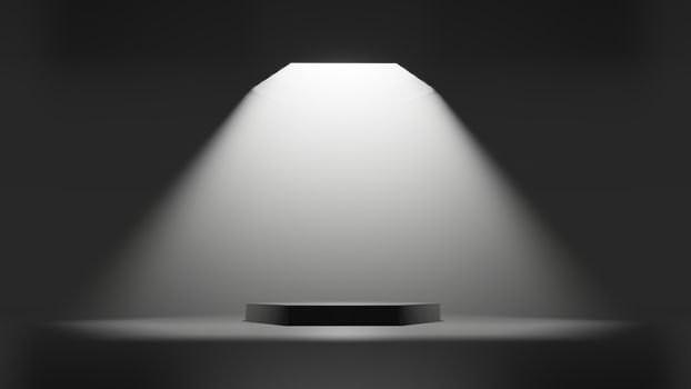 3D illustration. Showcase platform mockup, white ceiling light in empty dark room, cylinder podium. Dark abstract background