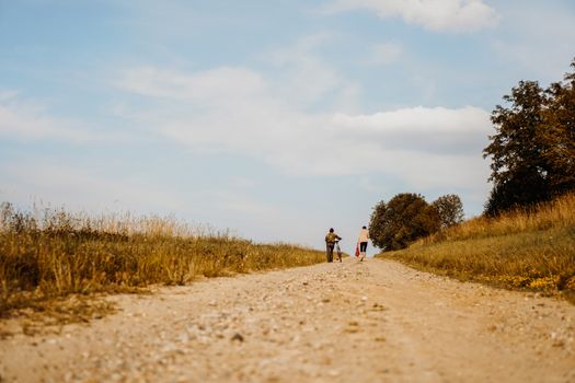 People go through country road between meadow and field towards green forest on the cloudy summer day at sunset