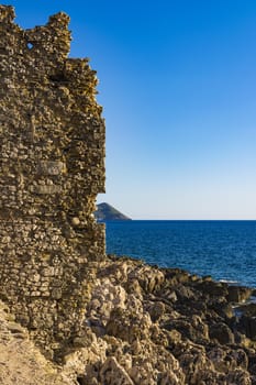 Wall of the Methoni Venetian Fortress in the Peloponnese, Messenia, Greece. The castle of Methoni was built by the Venetians after 1209.
