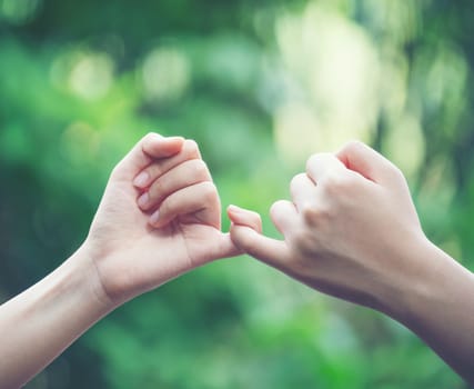 hands hook each other's little finger on nature background, concept of promise 