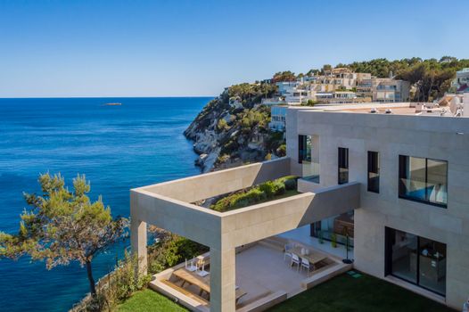 Modern interior by the sea. Outdoor architecture with a fantastic view of the mediteranee sea on the island of Majorca