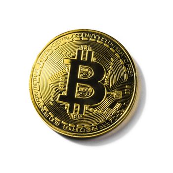 Golden Bitcoin coin on white background. Cryptocurrency