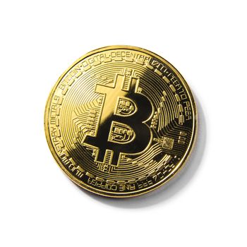 Golden Bitcoin coin on white background. Cryptocurrency